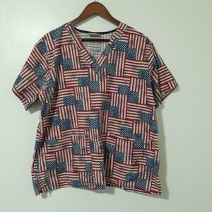 Tafford Flag Print Scrub Top Size Large V-Neck Cotton Blend